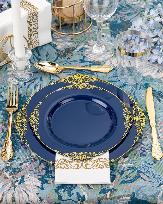 Nervure 175Pcs Blue Plastic Plates, Disposable Dinnerware Set - Image 2