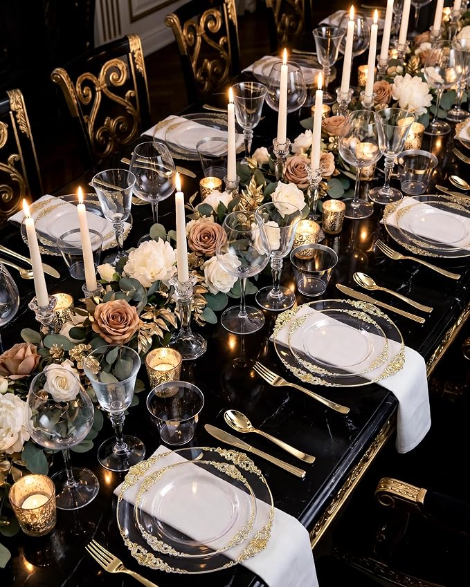 Nervure 600Pcs Clear and Gold Plastic Plates, Dinnerware Set - Image 6