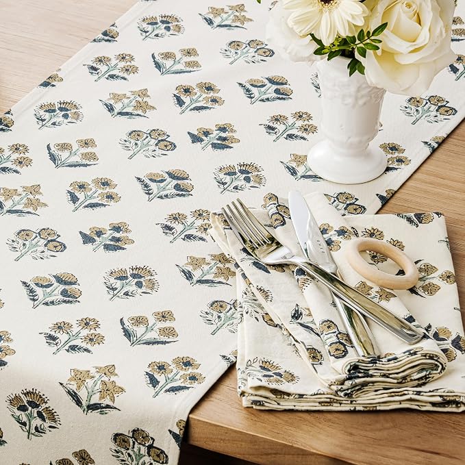 Block Print Floral Decorative Table Runners, 13x48 Inch Latte | 100% Organic - Image 2