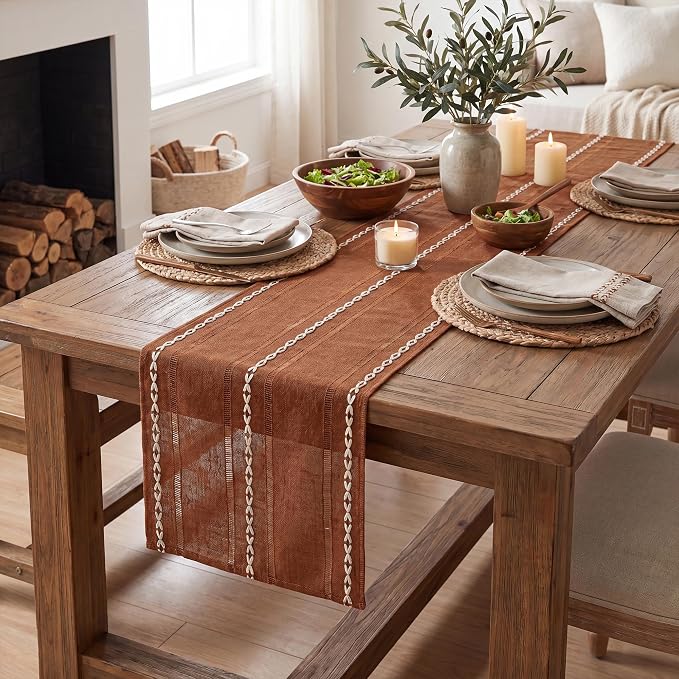 Artoid Mode Caramel Rustic Cotton Linen Table Runner, Seasonal Fall Embroidered - Image 5