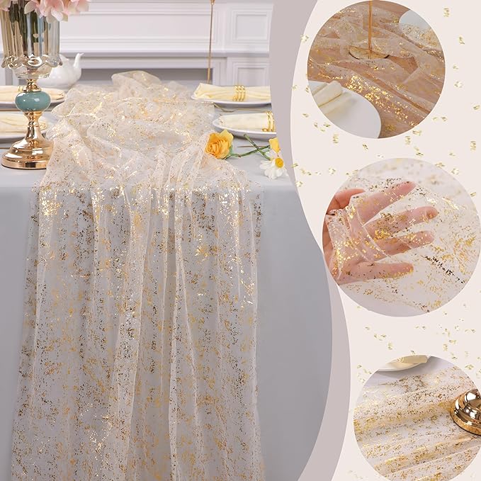 Snowkingdom 10 Ft Gold Table Runner, Sheer Gauze Chiffon Tulle Cheesecloth - Image 3