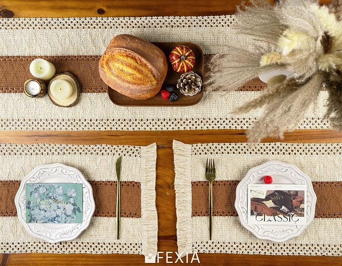 Boho Placemats Set of 6 Table Mats Farmhouse Dining Decor Caramel | 12x20" - Image 6