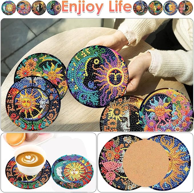 ijbnhd 8 Pcs Sun & Moon Diamond Art Coasters - Image 2