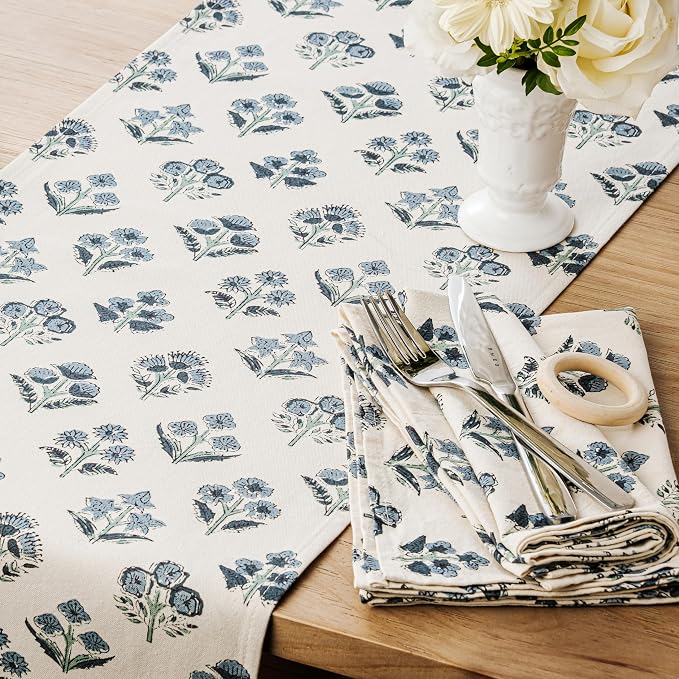Block Print Floral Decorative Table Runners, 13x60 Inch Dusty Blue | 100% - Image 2