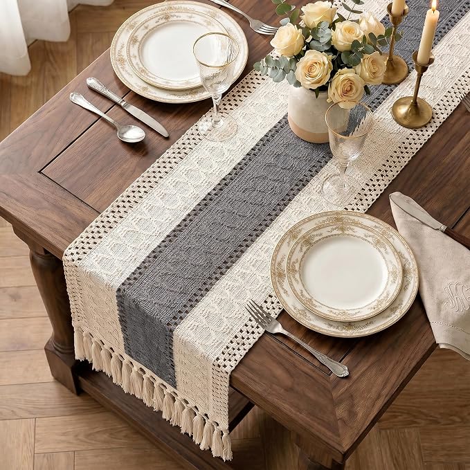 Boho Macrame Table Runner with Tassels 72in Grey Farmhouse Runner | Macrame - Image 2