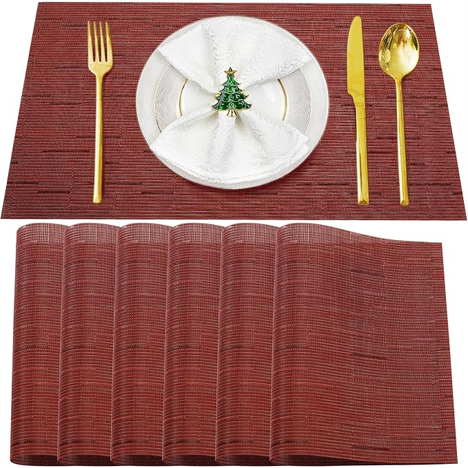 Placemats Set of 6, Vinyl Woven Red Non Slip Table Mats | Heat Resistant by BxzanDya-LifeSmartMaker