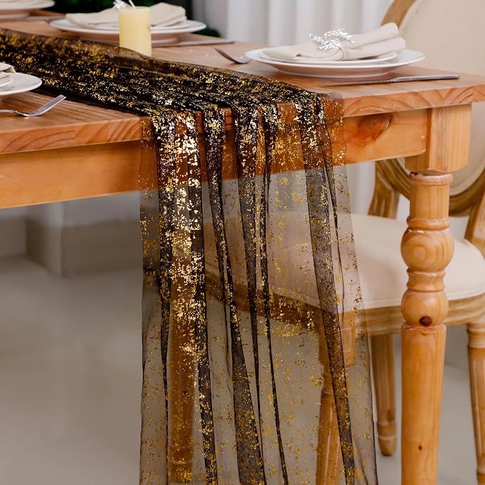 Snowkingdom Black and Gold Cheesecloth Table Runner 10 FT, Sheer Chiffon - Image 7