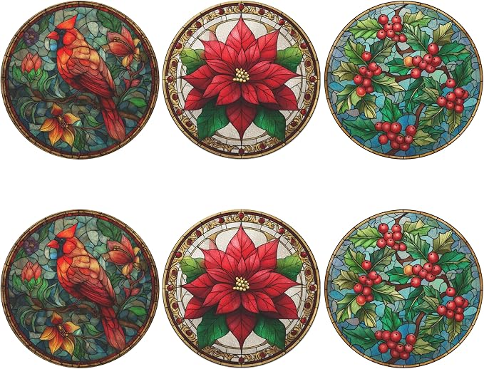 Christmas Bird Coasters Leather Round Drink Coasters 6 Pcs Set - Image 2