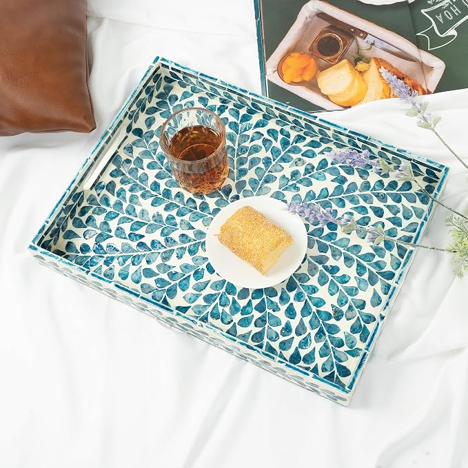 Serving Tray 15.7" X11.8", Lacquer Mother of Pearl Inlay Mosaic Tray, Rectangle - Image 6