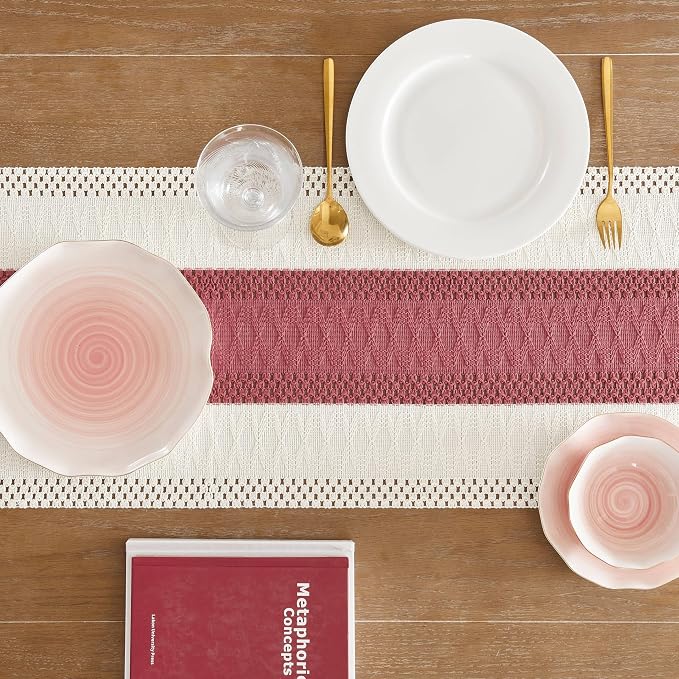 Macrame Style Bicolor Stitching Table Runner 14x90in Dusty Rose | Woven Boho - Image 4