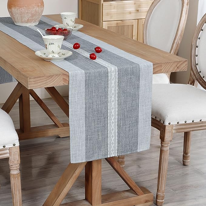 NEWISHER Farmhouse Braided Striped Embroidery Table Runner 90 inches Grey | by Newisher