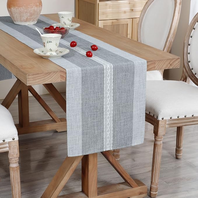 NEWISHER Farmhouse Braided Striped Embroidery Table Runner 48 inches Grey | by Newisher