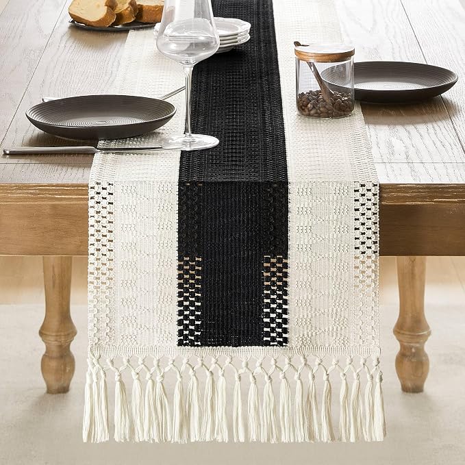 Macrame Style Bicolor Stitching Table Runner 14x72in Black | Woven Boho Table - Image 2