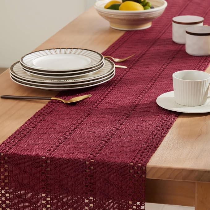 Macrame Style Boho Table Runner, 12x108 Inch Burgundy | Woven Boho Table Runner - Image 5