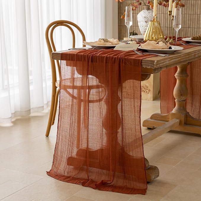 3Pcs Fall Terracotta Cheesecloth Table Runner 120 Inch Party Home Decor | - Image 2