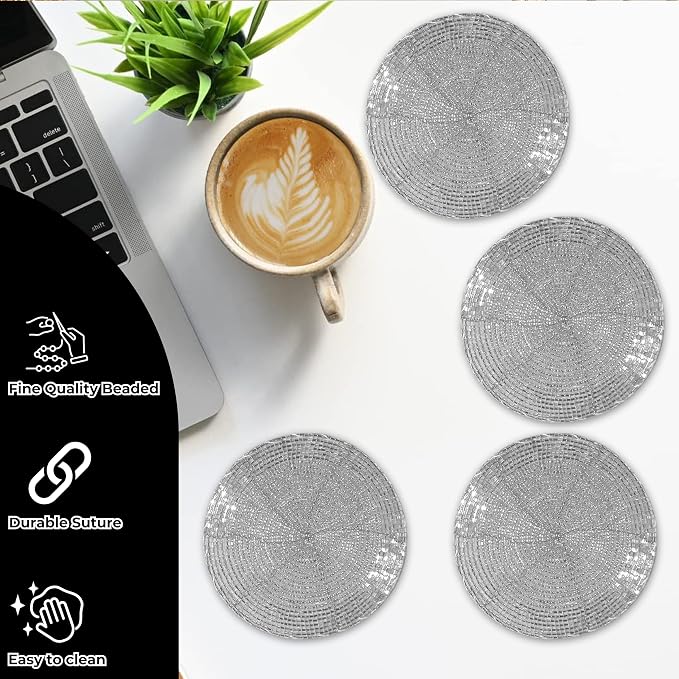 Silver Coasters Set of 4, Handmade Beaded Bar Drink Tabletop Protection Coasters - Image 4