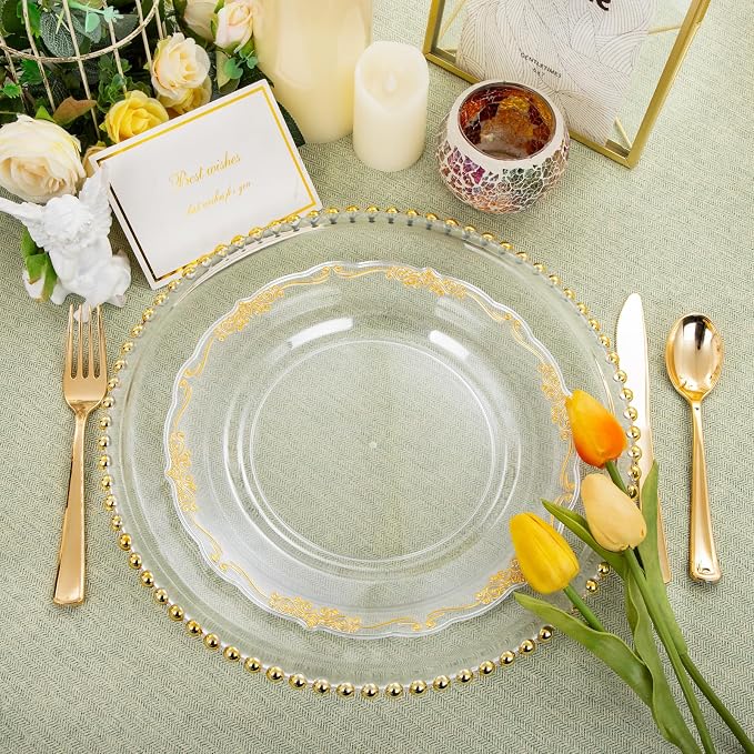 DaYammi 60PCS Clear Gold Plastic Plates Fancy Heavy Duty Clear Disposable - Image 8