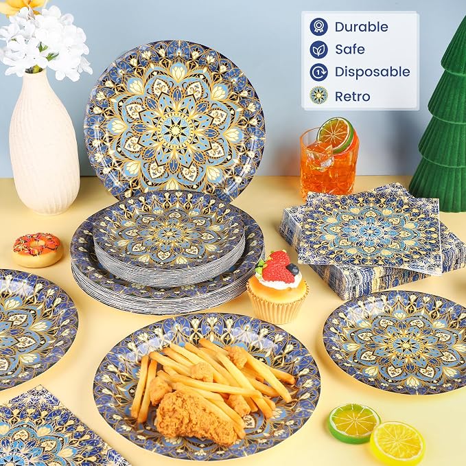 Kochorie 100 Pieces Bohemian Style Paper Plates and Napkins Set Vintage - Image 5
