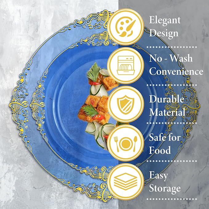 Nervure 175Pcs Blue Plastic Plates, Disposable Dinnerware Set - Image 9