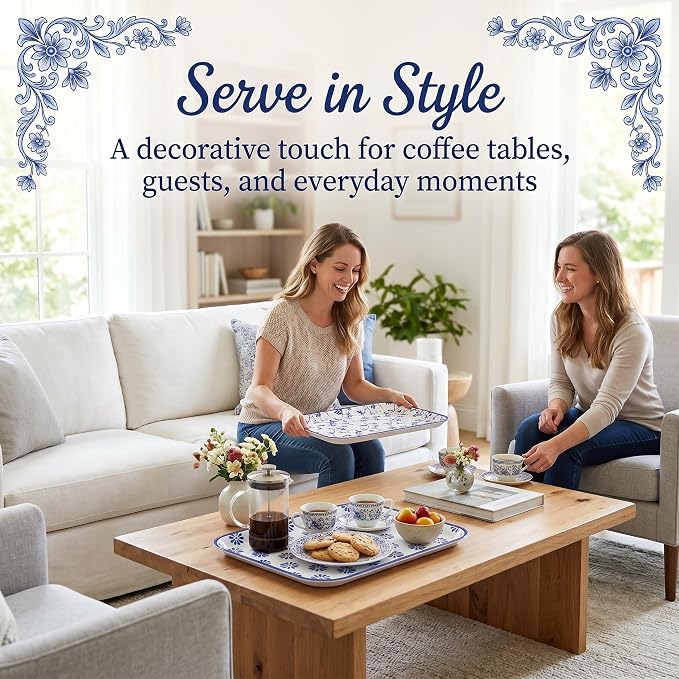 Vesici 4 Pack Blue and White Melamine Serving Trays, 13 x 10 Inch Rectangular - Image 6