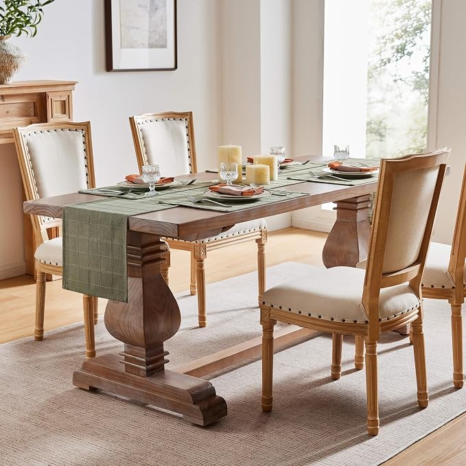 Linen Checked Farmhouse Table Runner, 13x90 Inches Olive | Raised Grid Design - Image 3