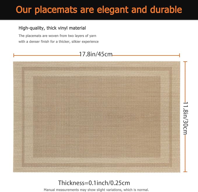 Khaki Vinyl Placemats Set of 6, Heat Resistant Table Placemats | 18x12 inch - Image 3
