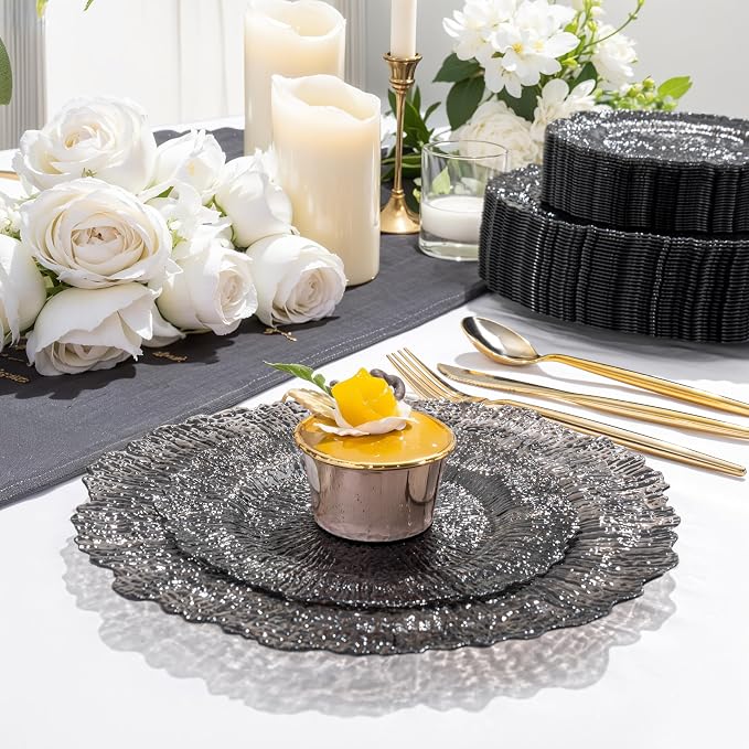 U-QE 60PCS Clear Black Plastic Plates, Heavy Duty Black Disposable Plates - Image 7
