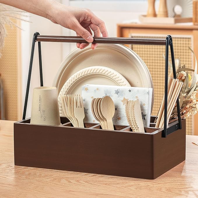 PTSTING Silverware Caddy with Handle Acacia Wood, Paper Plate Dispenser | - Image 2