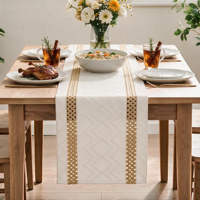 Artoid Mode Burlap Brown Stripe Woven Rustic Table Runner 12x90 Inch | Holiday - Image 2