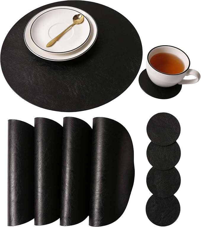 Embossed PU Leather Placemats, Waterproof Coffee Coasters, Kitchen Table Mats by JOVONO