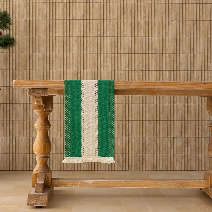 Keketoarrange Christmas Green Boho Table Runner 12x48 Inch | Woven Burlap - Image 4