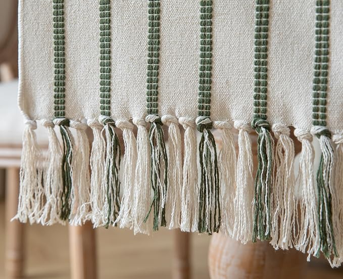 Caflife Boho Table Runner 90 Inchs Long Green and Beige, Cotton and Linen Woven - Image 5