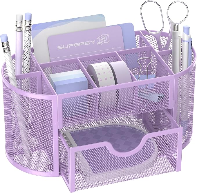 Mesh Desk Organizer with Drawer, 9-Compartment Pen Holder by SUPEASY