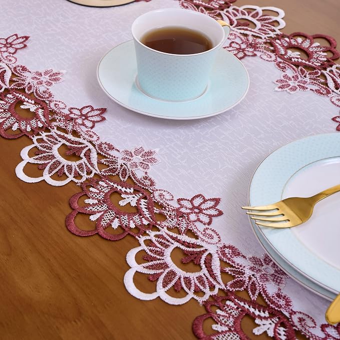 White Dark Red Jacquard Lace Table Runner 90 inches Long, Claret Dresser Scarf - Image 6