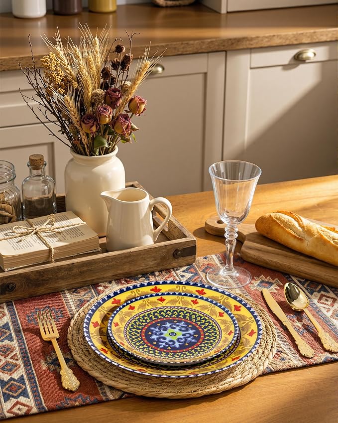 Yellow Plastic Plates, Boho Plates, layered circle red/yellow accents. Durable - Image 4