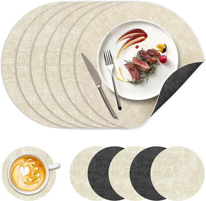 NCUE 13" Faux Leather Round Placemats Set of 6, Reversible Dual-Color | by NCUE