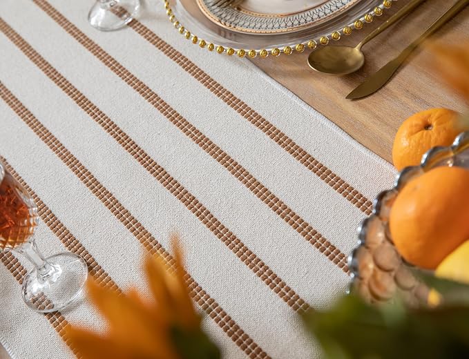 Caflife Boho Table Runner 108 Inchs Long Brown and Beige, Cotton and Linen Woven - Image 5