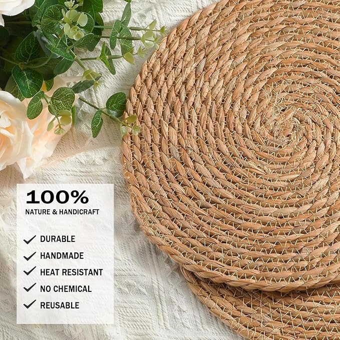 Handmade Heat Resistant 13" Round Woven Placemats Set of 8, Wicker Boho No - Image 3