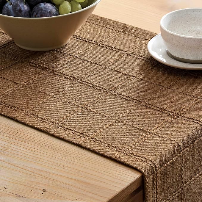 Linen Checked Farmhouse Table Runner, 13x108 Inches Roasted Brown | Raised Grid - Image 5