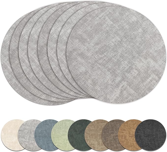 13" Round Placemats Set of 8, Reversible Faux Leather Heat Resistant Table Mats by NCUE