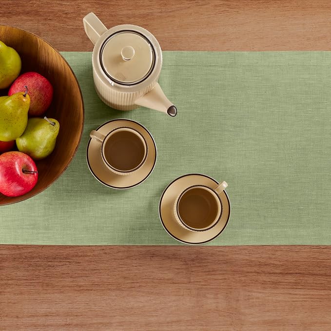 Solino Home 100% Pure Linen Table Runner Olive Long, Athena 14 x 108 in | Table - Image 3