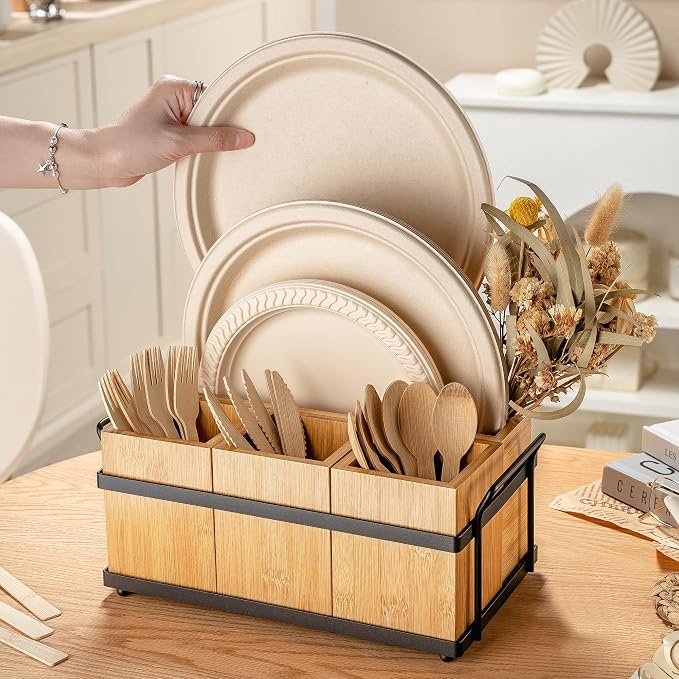 PTSTING Silverware Caddy Wood Silverware Holder Paper Plate Dispenser | - Image 3