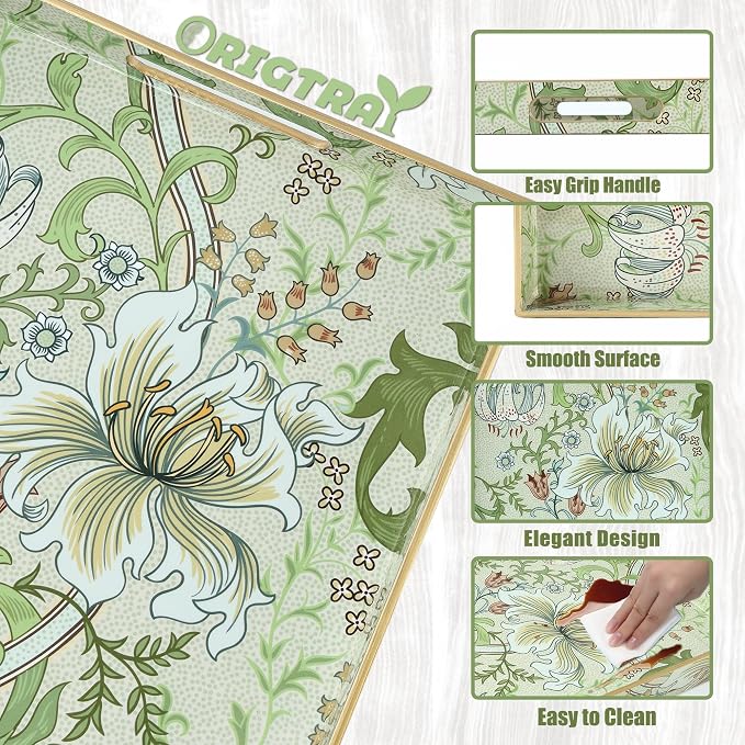 Serving Tray with Handles, Rectangular Plastic Tray with Floral Artwork – - Image 5