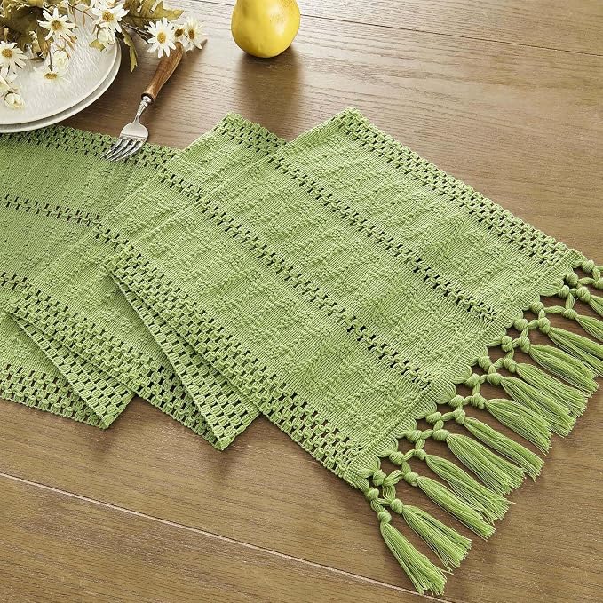 Macrame Style Boho Table Runner, 12x108 Inch Green | Woven Boho Table Runner - Image 7