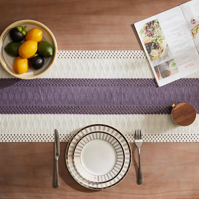 Macrame Style Bicolor Stitching Table Runner 14x72in Purple | Woven Boho Table - Image 4