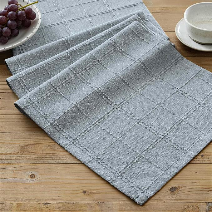Linen Checked Farmhouse Table Runner, 13x36 Inches Chambray | Raised Grid Design by ZEEMARTONLINE