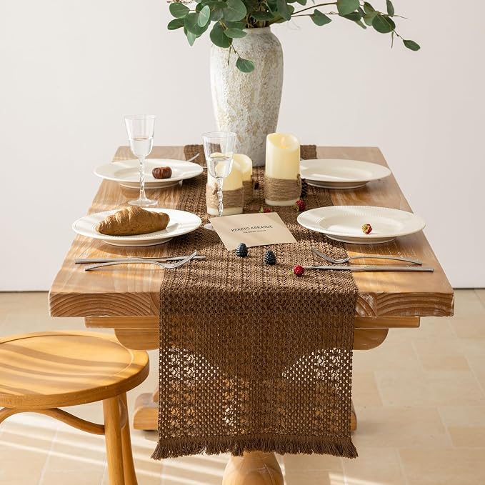 Fall Thanksgiving Boho Macrame Brown Table Runner 13x90 Inch | Woven Burlap - Image 2