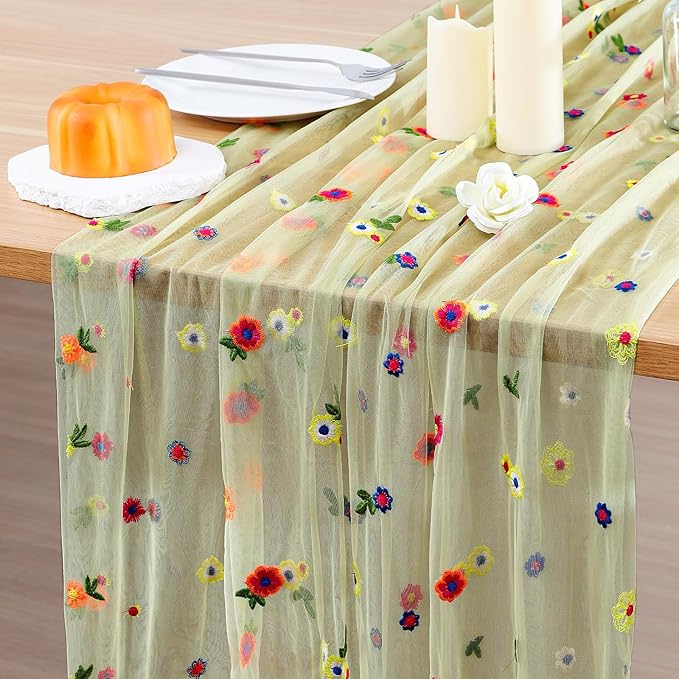 BINBE 3pcs Daisy Spring Table Runner Embroidery Gauze 10FT Florals Seasonal by BINBE