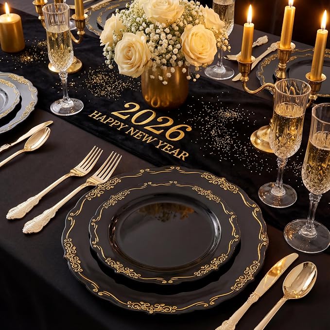 U-QE 100PCS Black and Gold Plastic Plates - Image 4