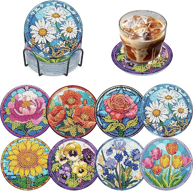 8 Pack Flower Diamond Art Coasters Kits-Diamond Painting Coasters Kit | 5D - Image 7